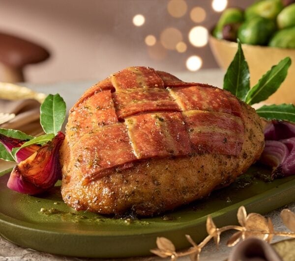 Photo shows the vegan bacon-wrapped No Turkey Crown from Sainsbury's