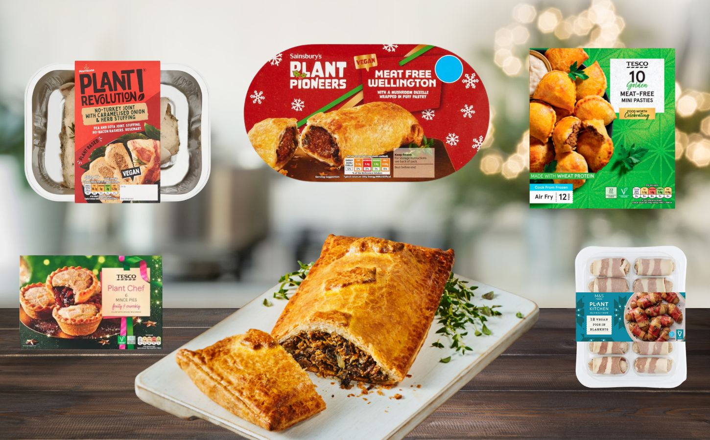Photo shows several of the vegan Christmas food launches for 2025, including products from the Big Four UK supermarkets