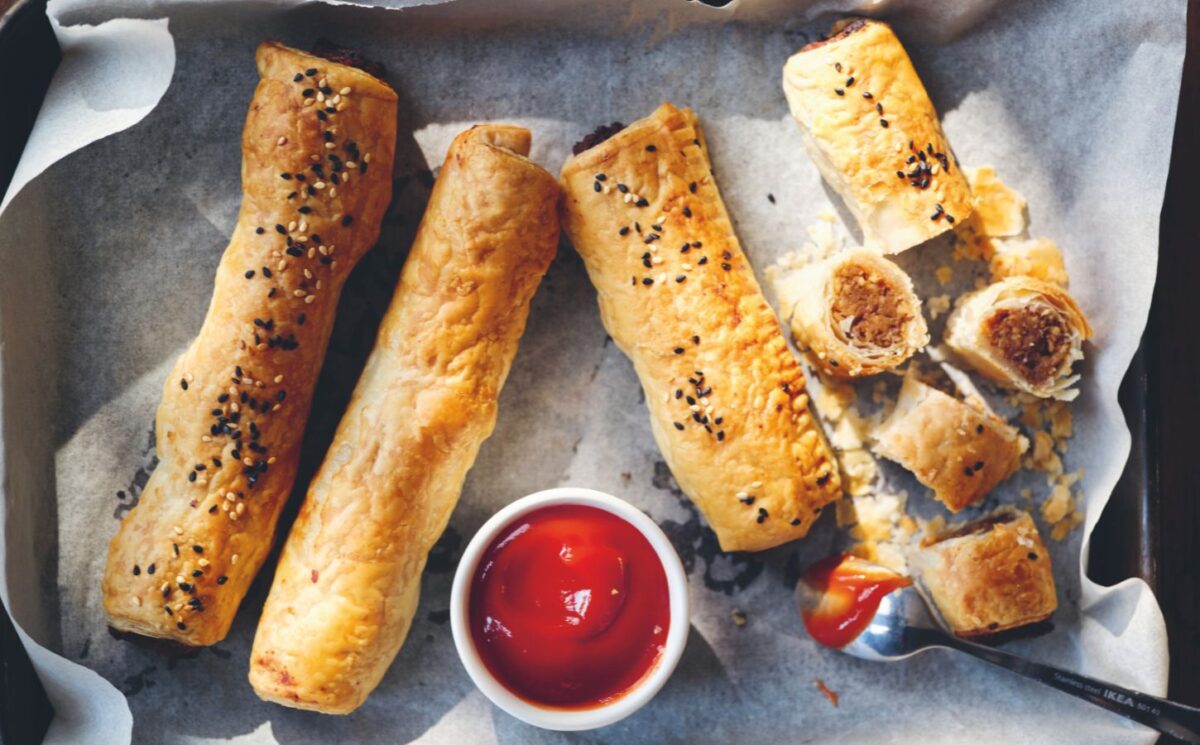 a picture of vegan easy sausage rolls made with lentils, cashews and vegan puff pastry for vegan British recipes
