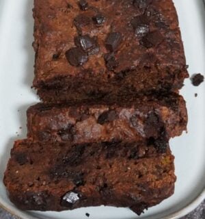 a chocolate butternut cake with butternut squash, vegan chocolate chips, and chia seeds