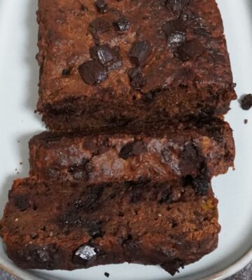 a chocolate butternut cake with butternut squash, vegan chocolate chips, and chia seeds