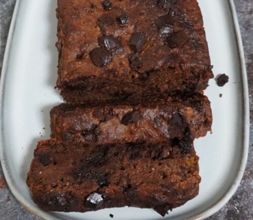 a chocolate butternut cake with butternut squash, vegan chocolate chips, and chia seeds