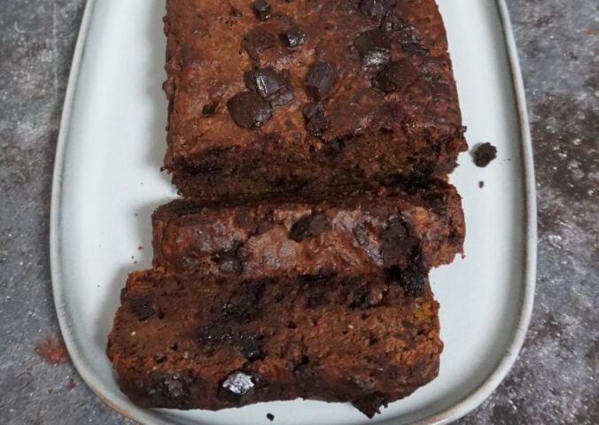 a chocolate butternut cake with butternut squash, vegan chocolate chips, and chia seeds