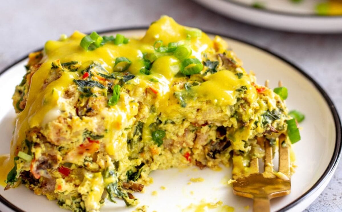 A vegan eggs benedict casserole made to an egg-free and plant-based easy casserole recipes