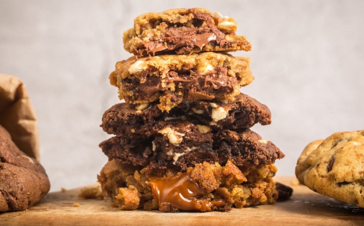 Photo shows a stack of homemade stuffed cookies, similar to the ones sold at Floozie Cookies