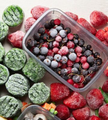 frozen fruits, berries, spinach and other vegetables in a picture together for why frozen produce might be healthier than fresh