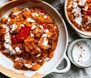 Gambian stew with easy peanut hummus with sweet potato, lemon, onion, and chili