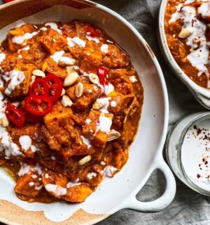 Gambian stew with easy peanut hummus with sweet potato, lemon, onion, and chili
