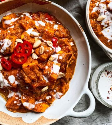 Gambian stew with easy peanut hummus with sweet potato, lemon, onion, and chili