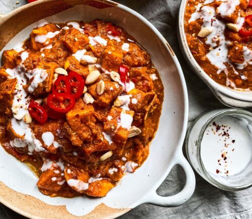 Gambian stew with easy peanut hummus with sweet potato, lemon, onion, and chili