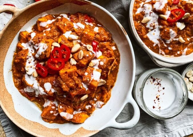 Gambian stew with easy peanut hummus with sweet potato, lemon, onion, and chili