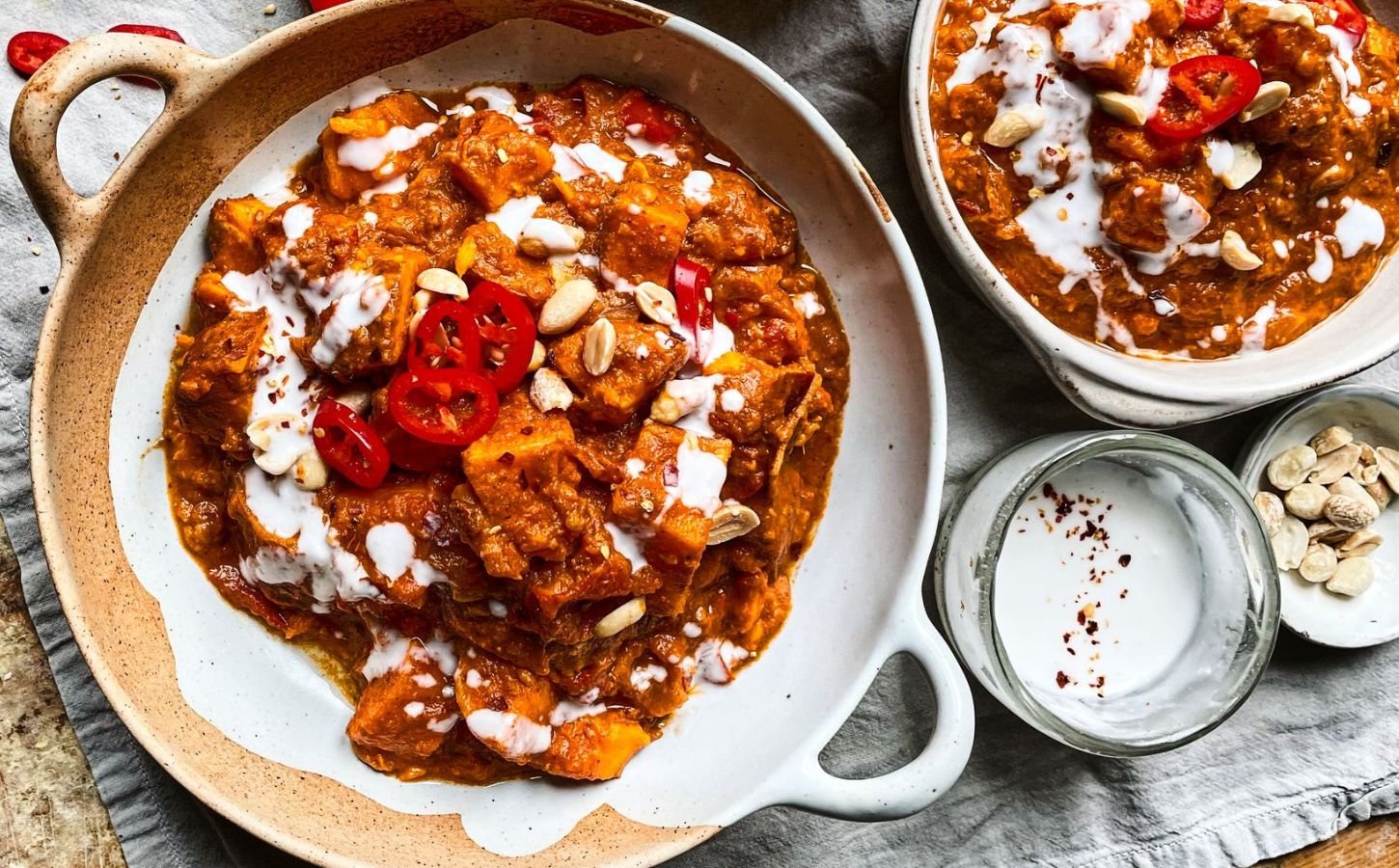 Gambian stew with easy peanut hummus with sweet potato, lemon, onion, and chili