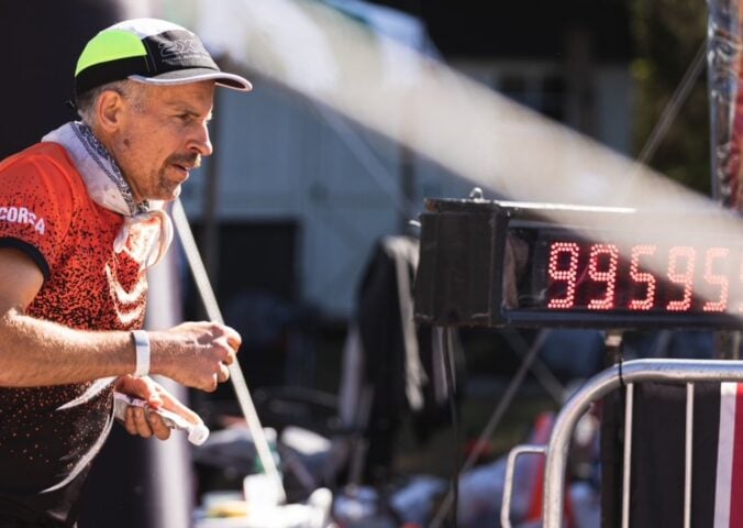 Photo shows vegan runner Harvey Lewis competing at this year's Big Dog's Backyard Ultra