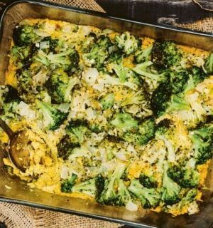 a picture of a vegan cheesy broccoli bake made with silken tofu, nutritional yeast, paprika, and tahini for easy casserole recipes
