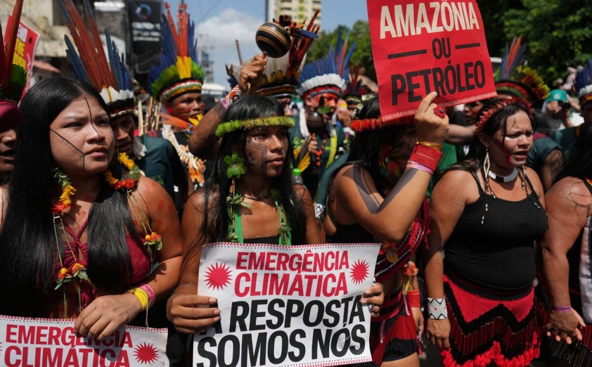 Photo shows Indigenous activists participating in a climate protest during the COP30 UN Climate Summit, taken on Monday, November 17, 2025, in Belem, Brazil