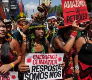Photo shows Indigenous activists participating in a climate protest during the COP30 UN Climate Summit, taken on Monday, November 17, 2025, in Belem, Brazil