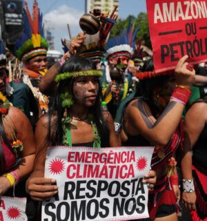 Photo shows Indigenous activists participating in a climate protest during the COP30 UN Climate Summit, taken on Monday, November 17, 2025, in Belem, Brazil