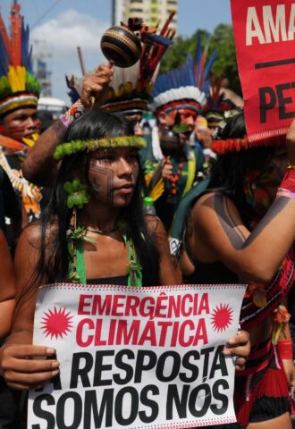 Photo shows Indigenous activists participating in a climate protest during the COP30 UN Climate Summit, taken on Monday, November 17, 2025, in Belem, Brazil
