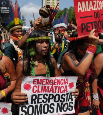 Photo shows Indigenous activists participating in a climate protest during the COP30 UN Climate Summit, taken on Monday, November 17, 2025, in Belem, Brazil