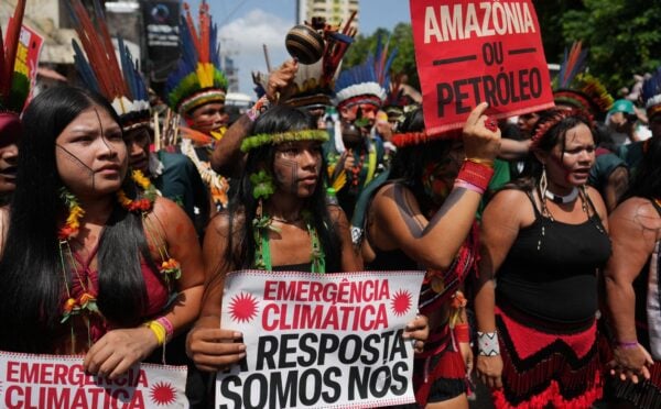 Photo shows Indigenous activists participating in a climate protest during the COP30 UN Climate Summit, taken on Monday, November 17, 2025, in Belem, Brazil