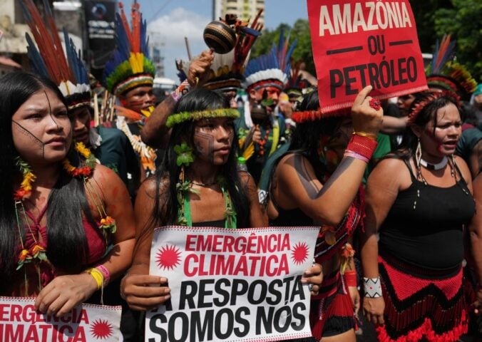 Photo shows Indigenous activists participating in a climate protest during the COP30 UN Climate Summit, taken on Monday, November 17, 2025, in Belem, Brazil