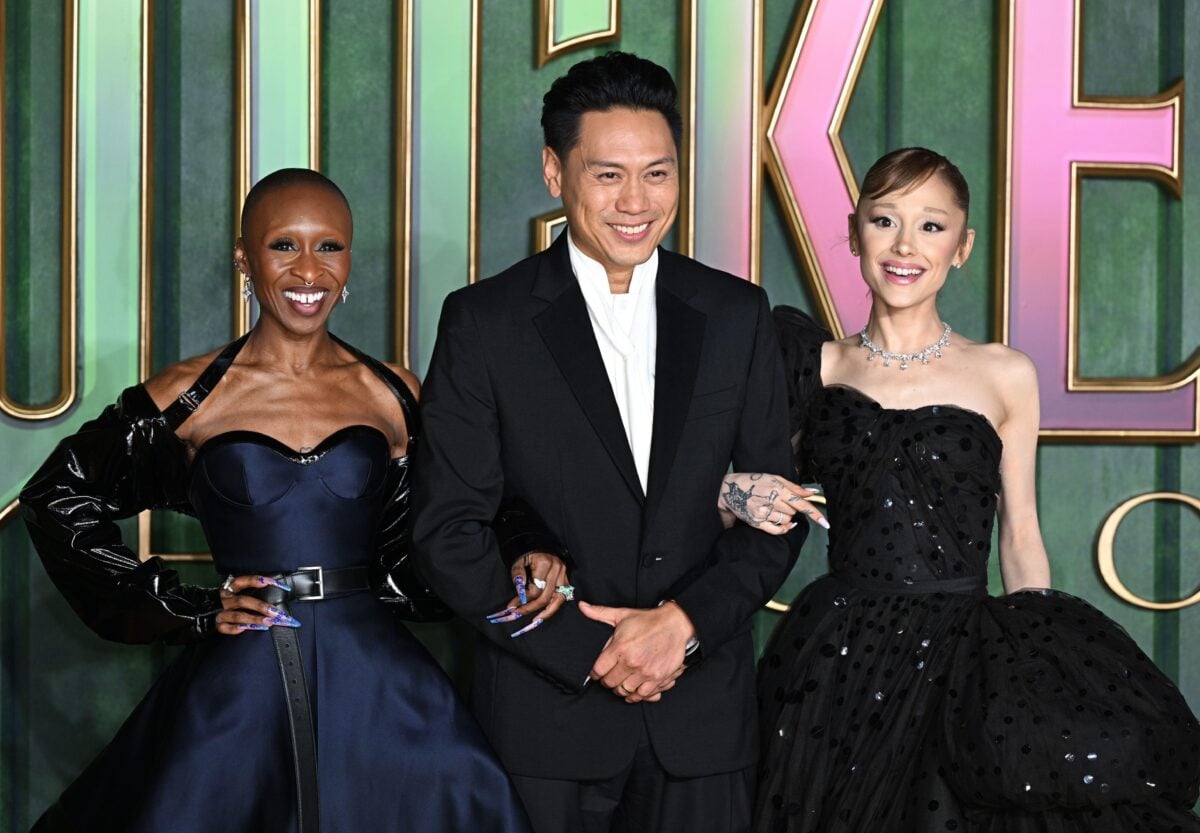 Photo shows Cynthia Erivo, Jon M. Chu, and Ariana Grande attending the 'Wicked: For Good' European Premiere in London, UK
