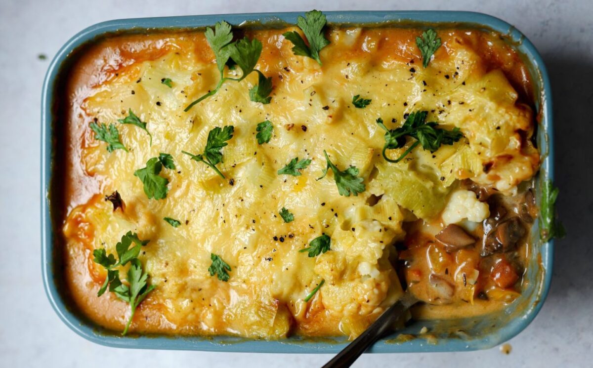 meat-free cottage pie with leek and cauliflower topping plus mushrooms, vegan grated cheese, and herbs for our highest rated dinner recipes