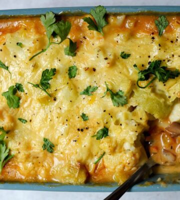 meat-free cottage pie with leek and cauliflower topping plus mushrooms, vegan grated cheese, and herbs for our highest rated dinner recipes