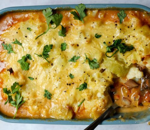 meat-free cottage pie with leek and cauliflower topping plus mushrooms, vegan grated cheese, and herbs for our highest rated dinner recipes