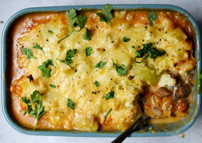 meat-free cottage pie with leek and cauliflower topping plus mushrooms, vegan grated cheese, and herbs for our highest rated dinner recipes