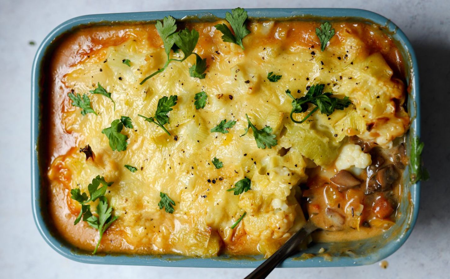 meat-free cottage pie with leek and cauliflower topping plus mushrooms, vegan grated cheese, and herbs for our highest rated dinner recipes