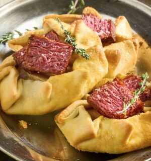 a picture of a plate of vegan mini flank galettes with caramelized onion and pear, drizzled with balsamic glaze