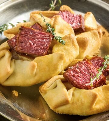 a picture of a plate of vegan mini flank galettes with caramelized onion and pear, drizzled with balsamic glaze