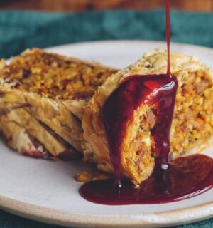mushroom and pumpkin wellington with almonds and a redcurrant jus