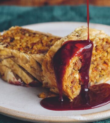 mushroom and pumpkin wellington with almonds and a redcurrant jus