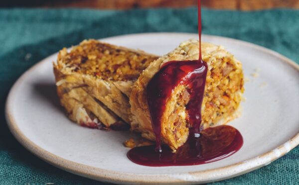 mushroom and pumpkin wellington with almonds and a redcurrant jus