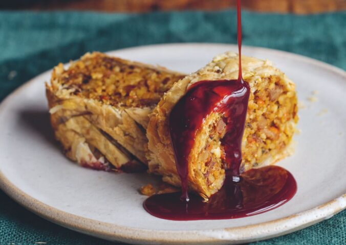 mushroom and pumpkin wellington with almonds and a redcurrant jus