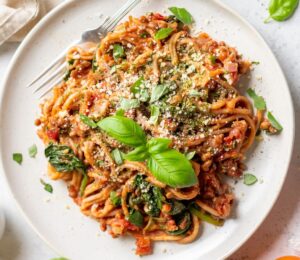 A one-pot spaghetti and lentil ragu recipe for the very best recipes for Veganuary