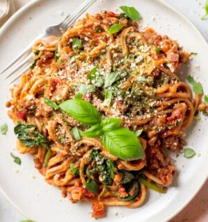A one-pot spaghetti and lentil ragu recipe for the very best recipes for Veganuary