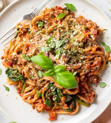 A one-pot spaghetti and lentil ragu recipe for the very best recipes for Veganuary