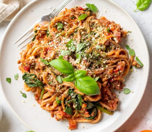 A one-pot spaghetti and lentil ragu recipe for the very best recipes for Veganuary