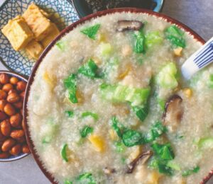 pak choi congee with shiitake mushrooms, spring onion, and radish