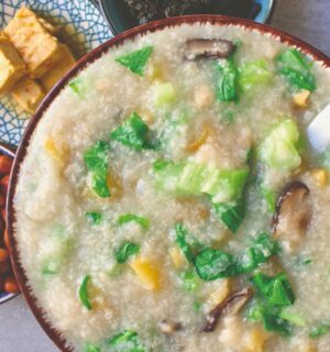 pak choi congee with shiitake mushrooms, spring onion, and radish