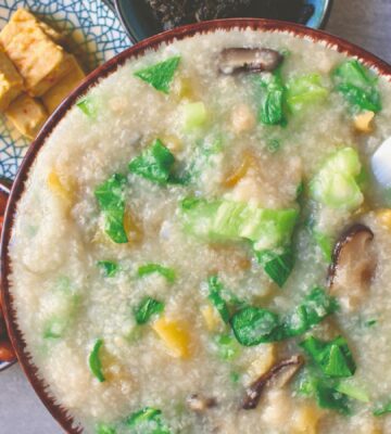 pak choi congee with shiitake mushrooms, spring onion, and radish