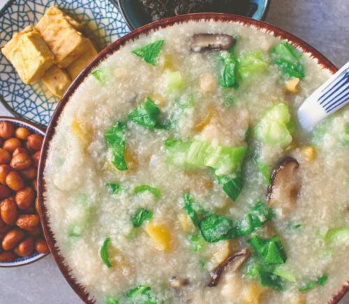 pak choi congee with shiitake mushrooms, spring onion, and radish