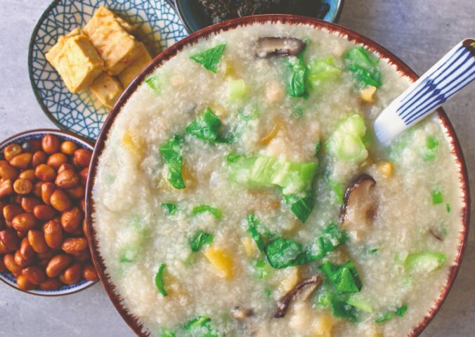 pak choi congee with shiitake mushrooms, spring onion, and radish