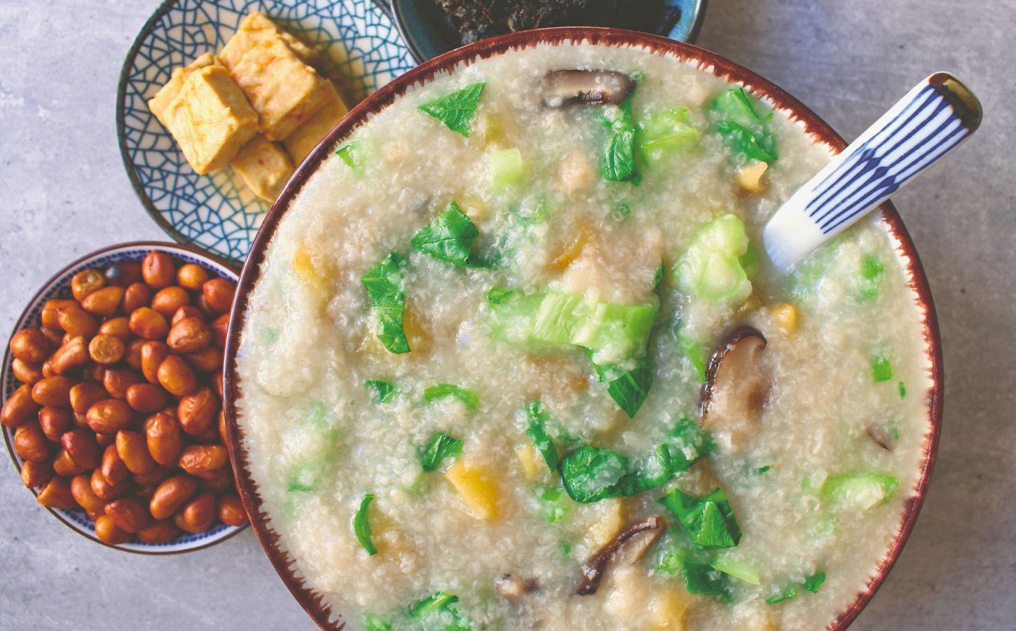 pak choi congee with shiitake mushrooms, spring onion, and radish