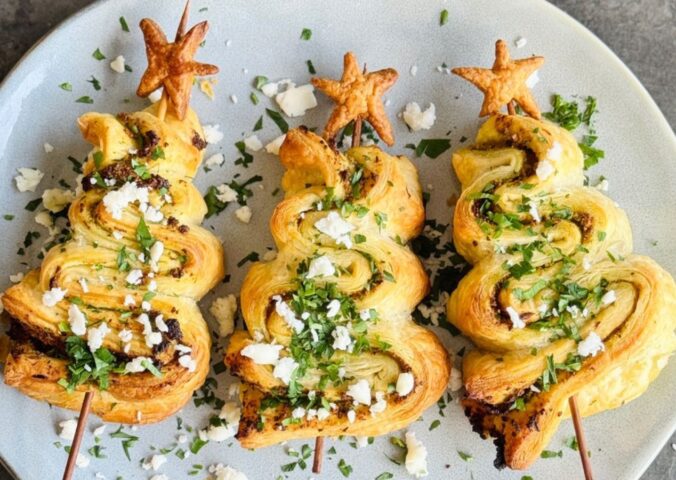 simple pesto puff pastry trees with vegan ingredients for Christmas