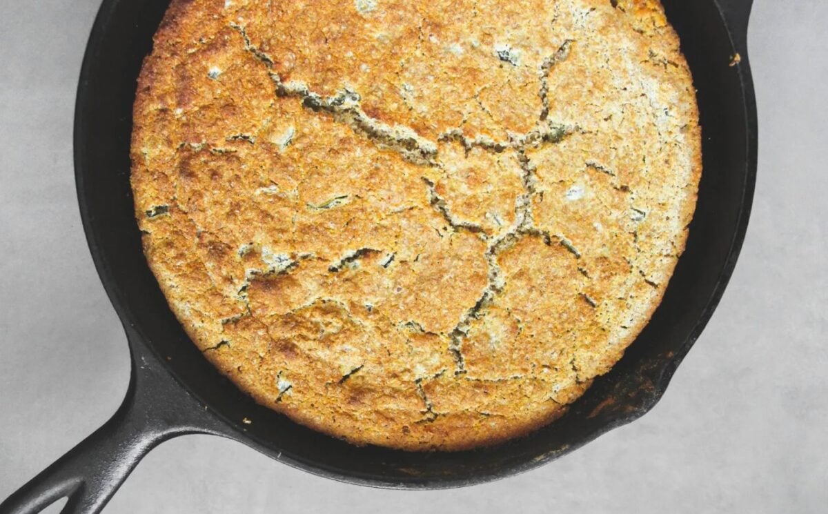 plant-based cornbread made in a skillet