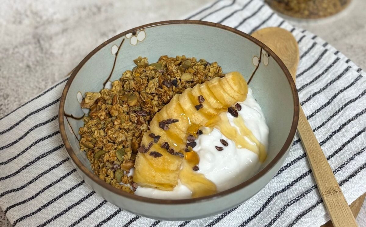 pumpkin granola with steamed pumpkin, peanut butter, walnuts, pumpkin seeds, and oats